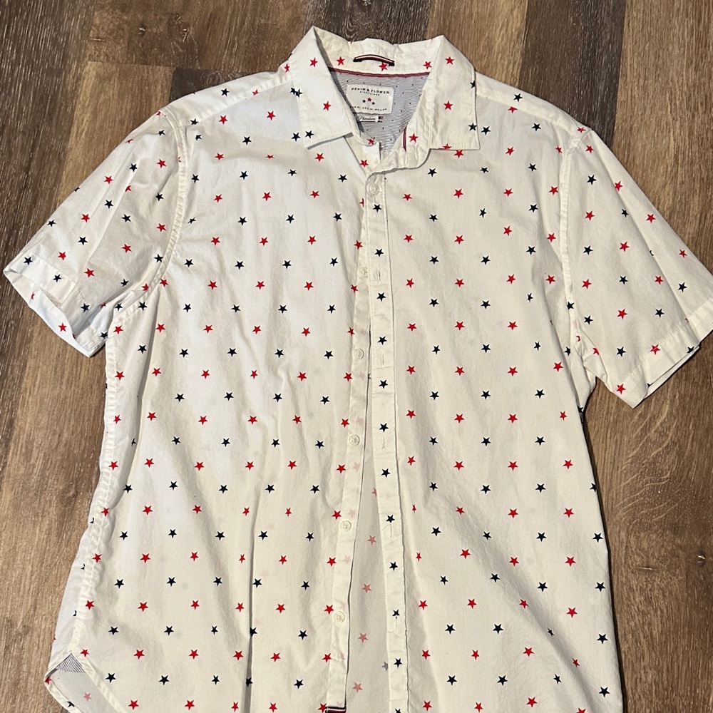 Denim & Flower White Shirt with Red and Blue Star Print